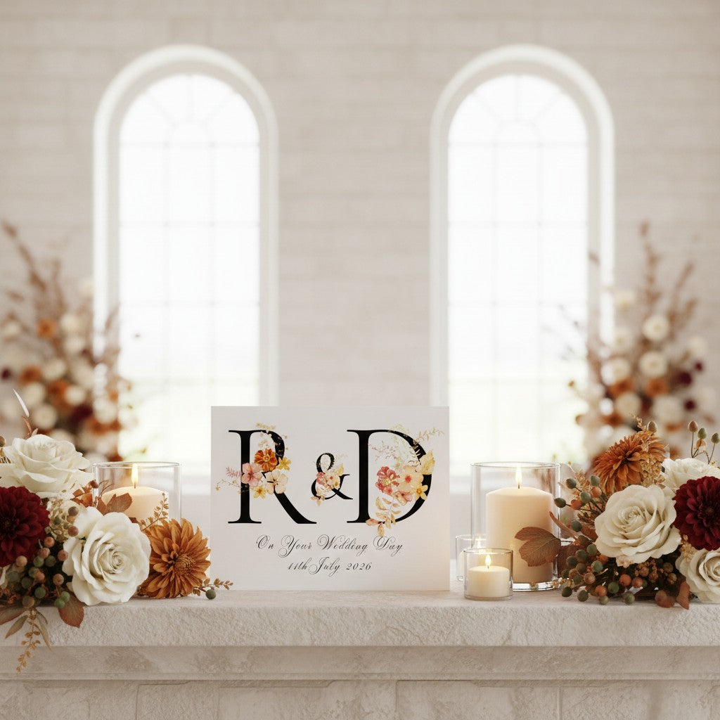 Decorative table setting with floral arrangements and a wedding card with initials 'R&D' on a neutral background.