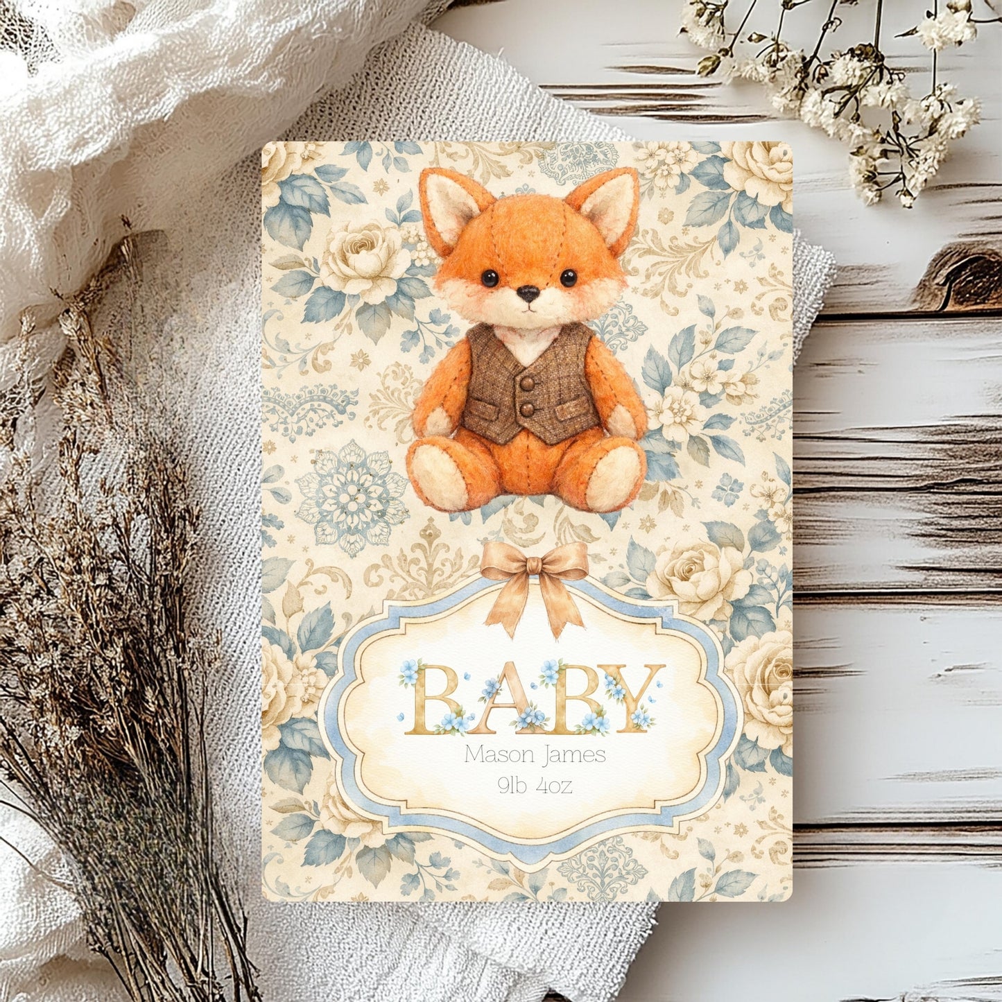 Personalised Baby Fox Card - New Baby Boy
