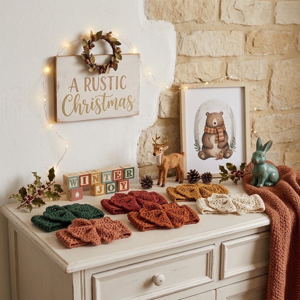 A styled Christmas tabletop scene with crocheted knit baby headbands in green, rust orange, mustard yellow, and cream, arranged on a white dresser beside a brown knit throw blanket. A framed bear illustration, a wooden sign reading 'A Rustic Christmas,' a wreath with string lights, decorative holly, pinecones, a small deer figurine, and a teal rabbit figurine are also visible against a white and stone wall.