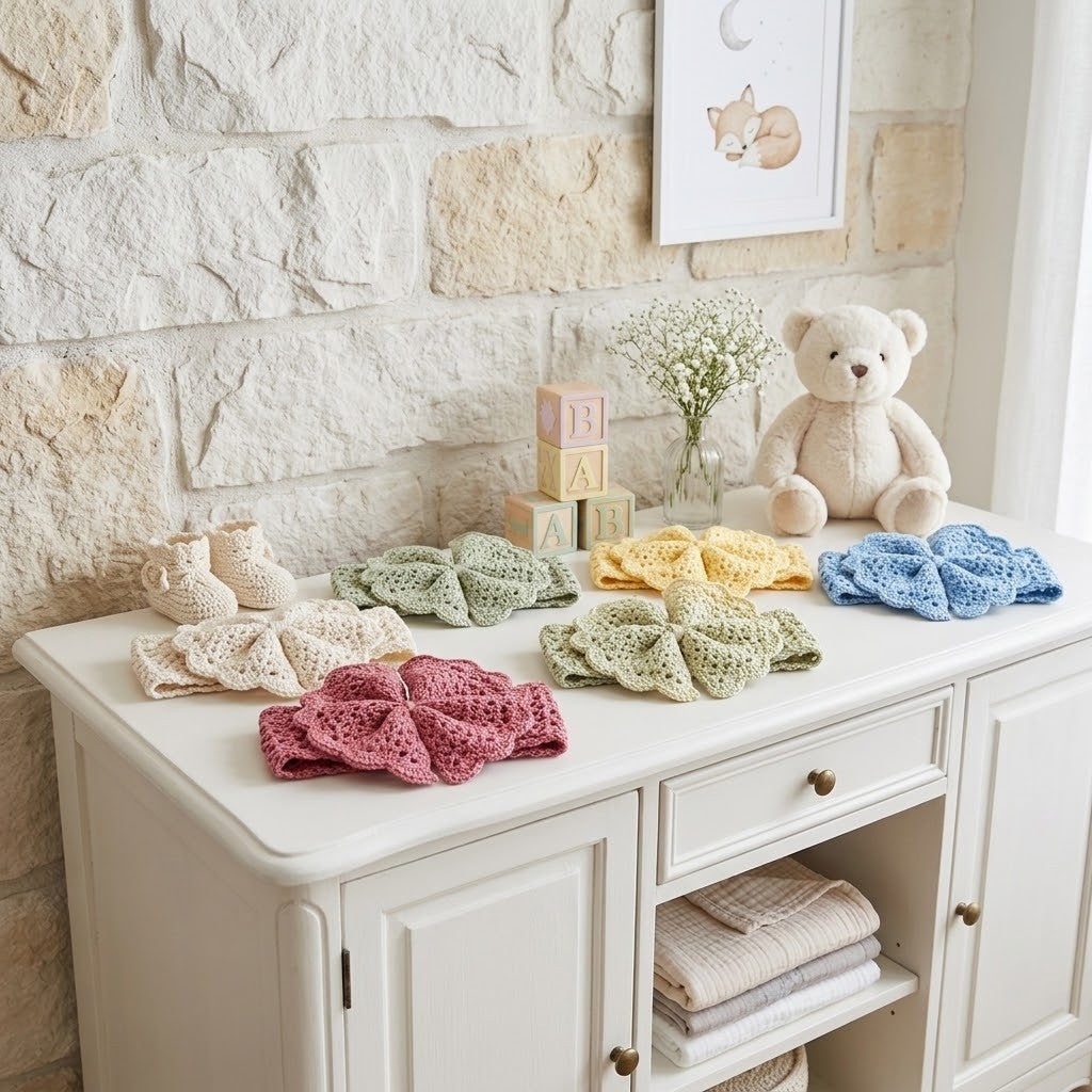 A styled nursery scene showing a white wooden dresser with crocheted baby accessories arranged on top, including booties, bows, swaddle blankets, and a pink blanket. A cream teddy bear sits on the right side against a light stone wall, with a framed print above and a vase of small white flowers in the center.
