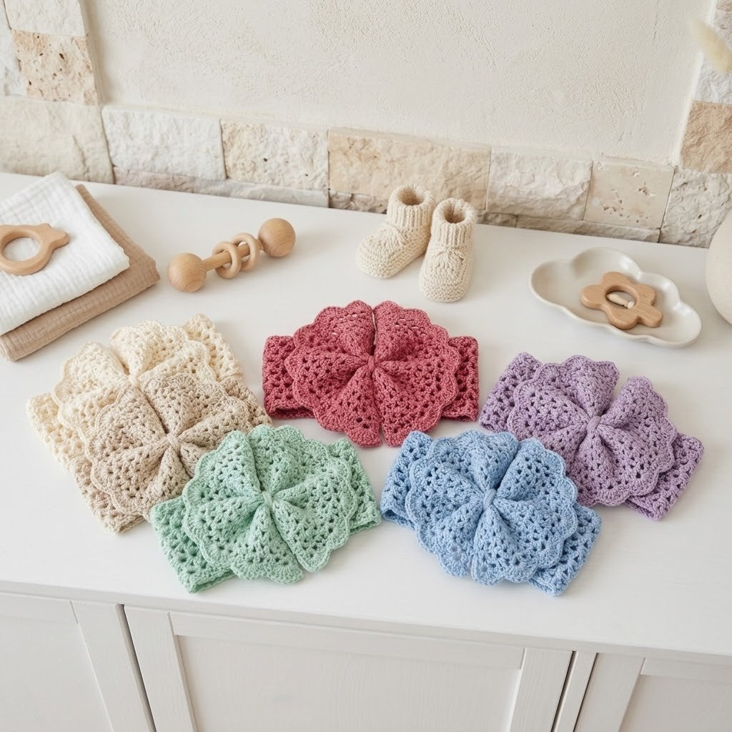 Five crocheted flower-shaped baby accessories in cream, pink, mint green, light blue, and lavender are arranged on a white cabinet, alongside matching baby booties, a wooden teether, and a small dish.