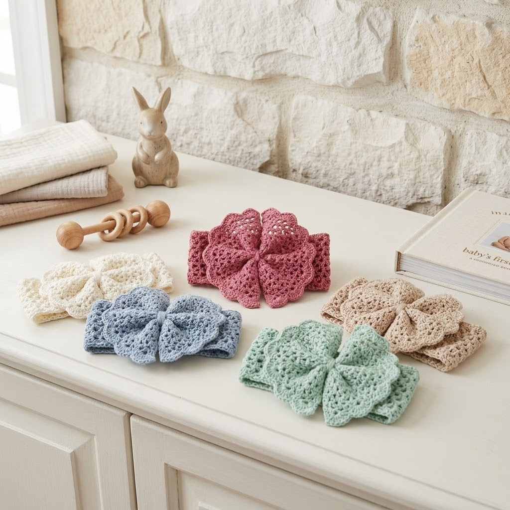 Five crocheted bow head bands in cream, light blue, pink, mint green, and beige are arranged on a white cabinet in a styled room setting with a stone wall, a small rabbit figurine, and a book.