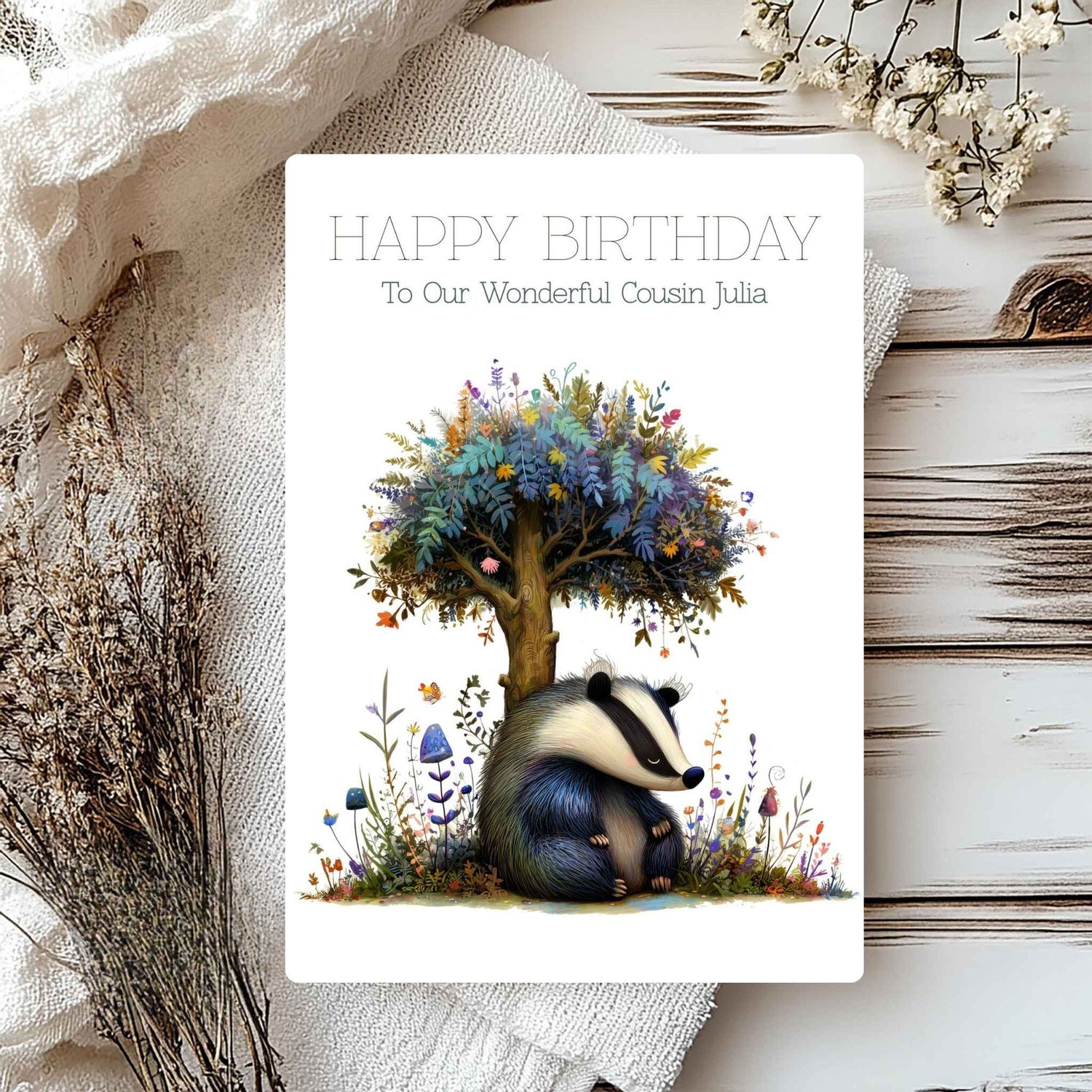 Birthday card with a badger and tree illustration on a rustic background