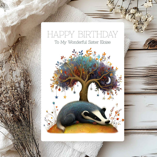 Birthday card with a badger and tree design on a textured surface with flowers.