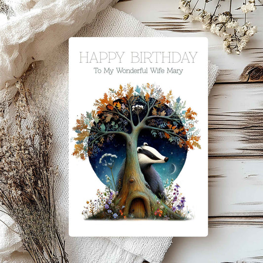 Birthday card with a badger and tree design on a rustic background