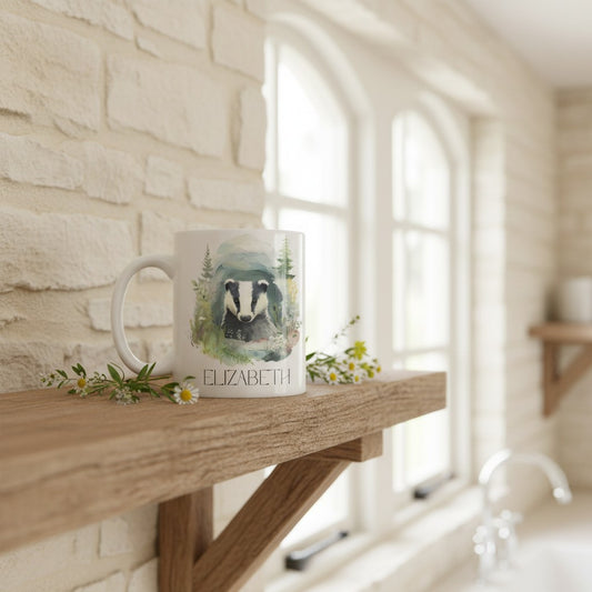 Mug with a badger design on a wooden shelf in a bright room.