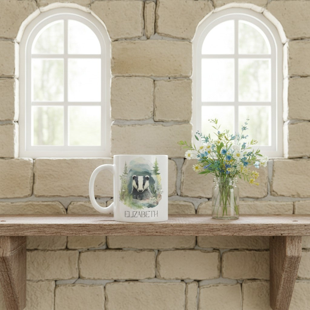 Mug with badger design and name 'Elizabeth' on a wooden shelf against a stone wall with arched windows.