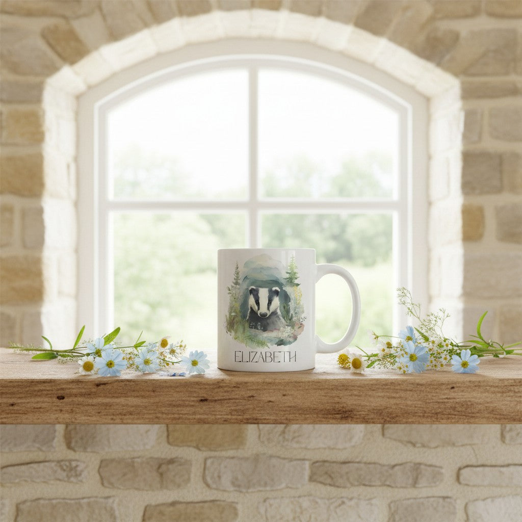 Mug with a badger design and 'Elizabeth' text on a wooden shelf with flowers, against a stone wall and window background.