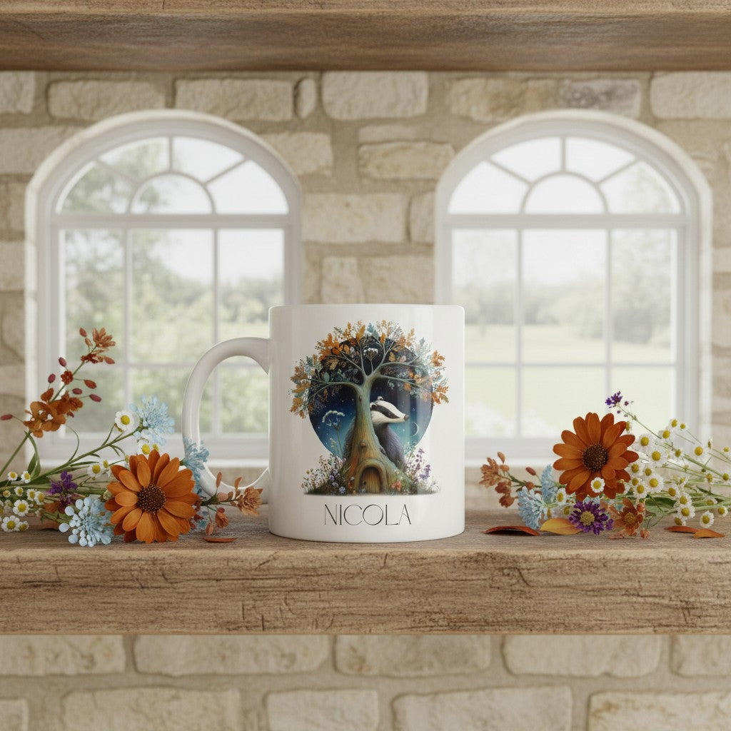 White mug with nature-themed design and 'Nicola' branding on a wooden mantle with flowers.