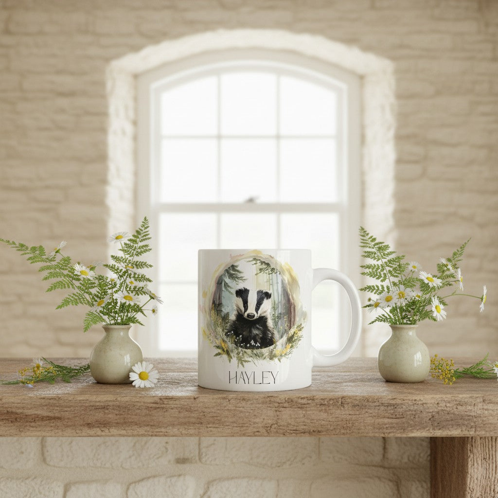 Mug with badger design and 'Hayley' text on a wooden table with decorative plants.