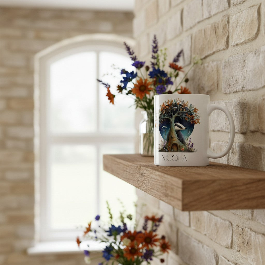 Badger mug with a tree design on a wooden shelf against a stone wall.
