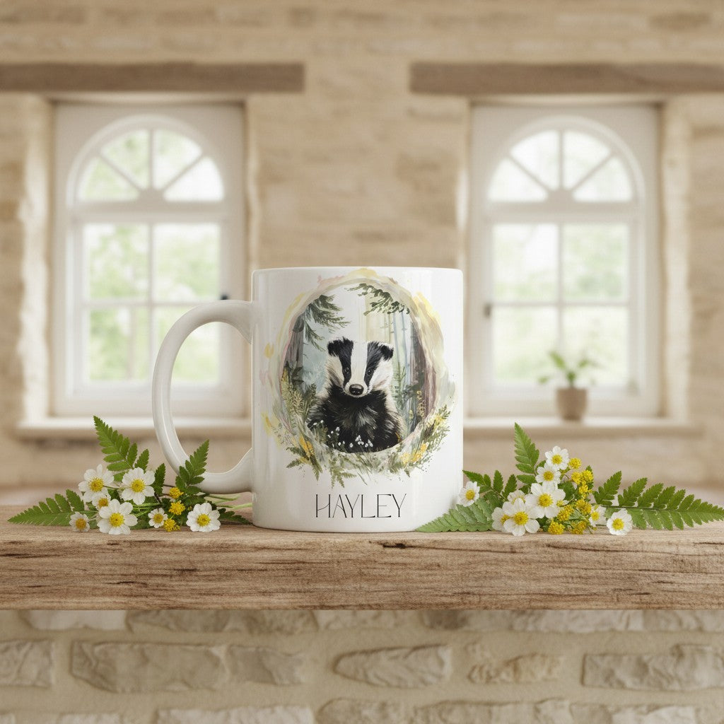 Mug with a badger design and 'Hayley' text on a wooden surface with flowers and leaves.