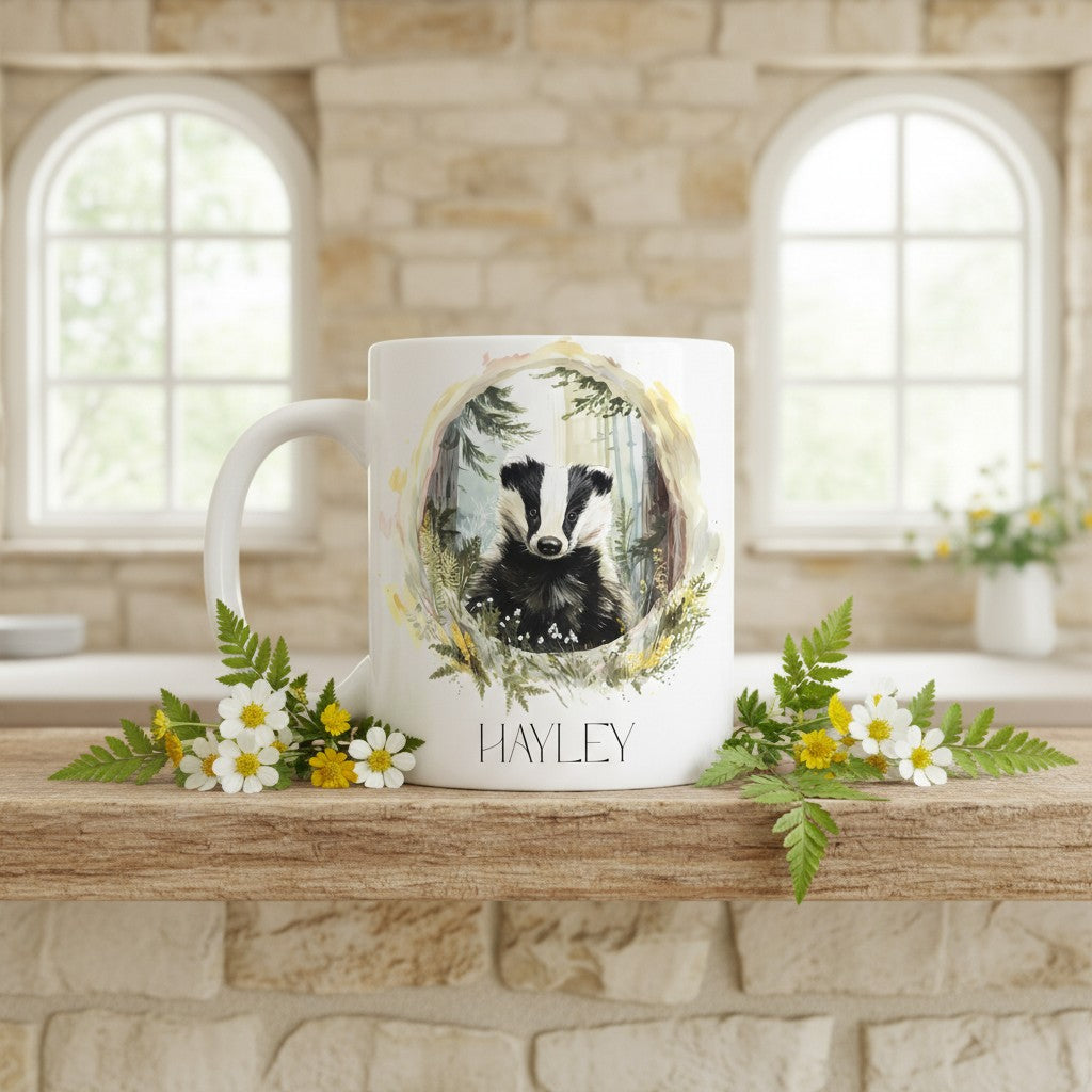 Mug with badger design and 'Hayley' text on a wooden surface with flowers and plants.