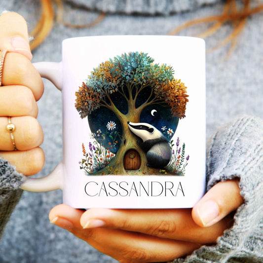 Person holding a mug with a tree and badger design, personalised with 'Cassandra'.