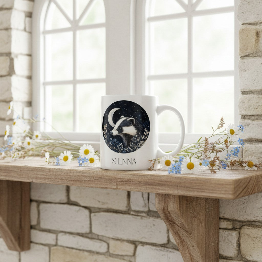 Mug with badger design and 'Sienna' branding on a wooden table with flowers.