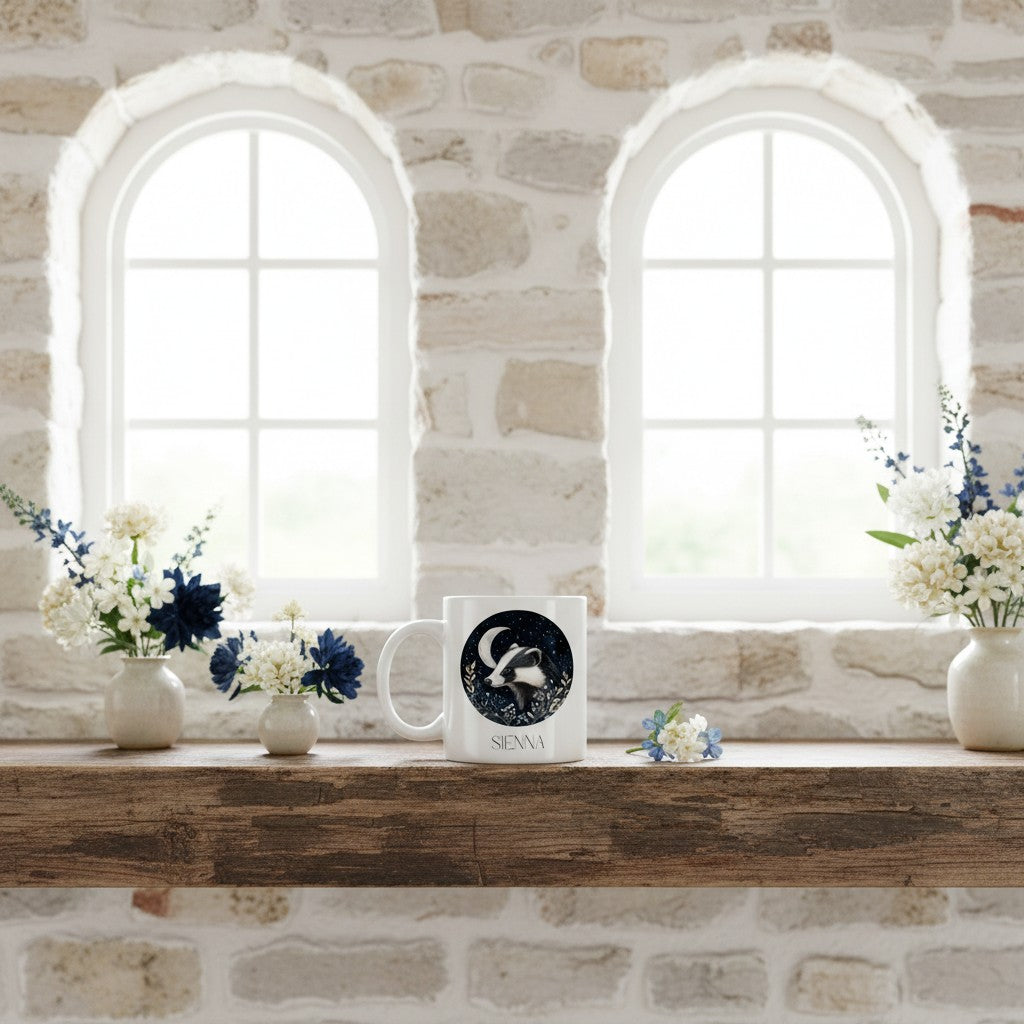Badger mug with a design on a wooden shelf against a stone wall with windows