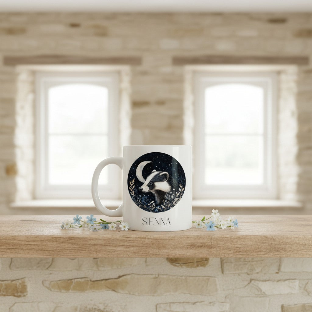White mug with a badger design and 'SIENNA' text on a wooden surface with a window in the background.