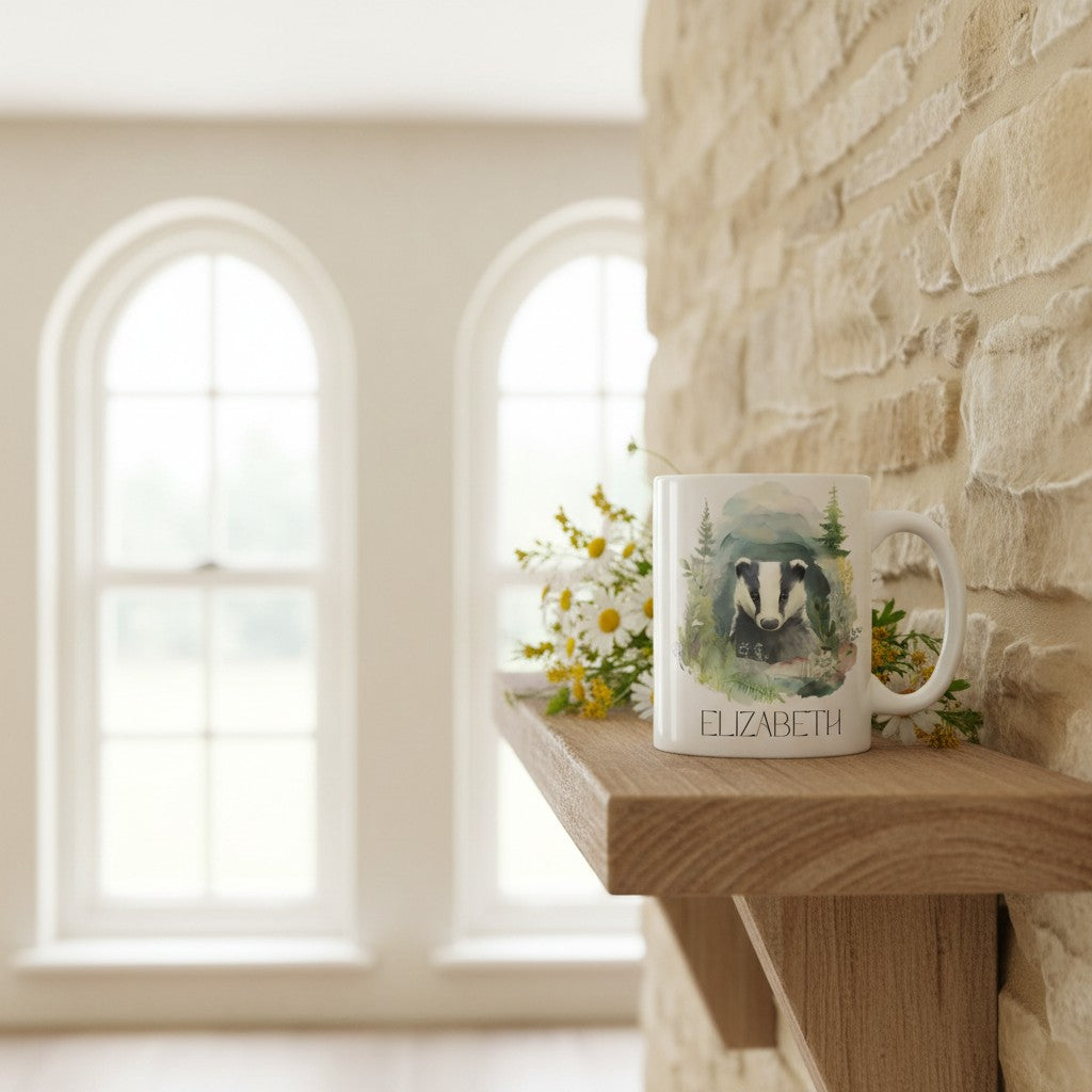 Mug with a badger design on a wooden shelf in a room with stone walls and windows.