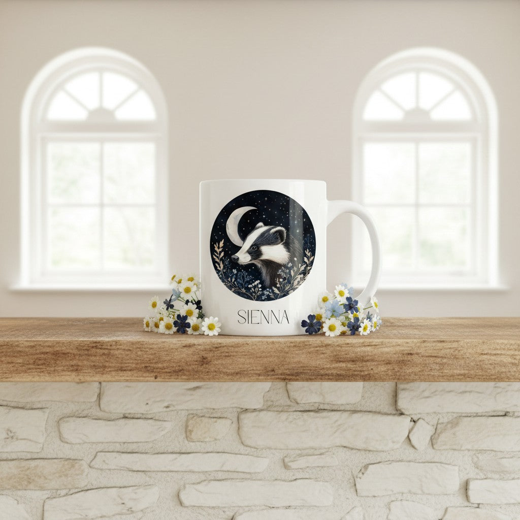 Mug with badger design and 'Sienna' text on a wooden surface with flowers, against a neutral wall.