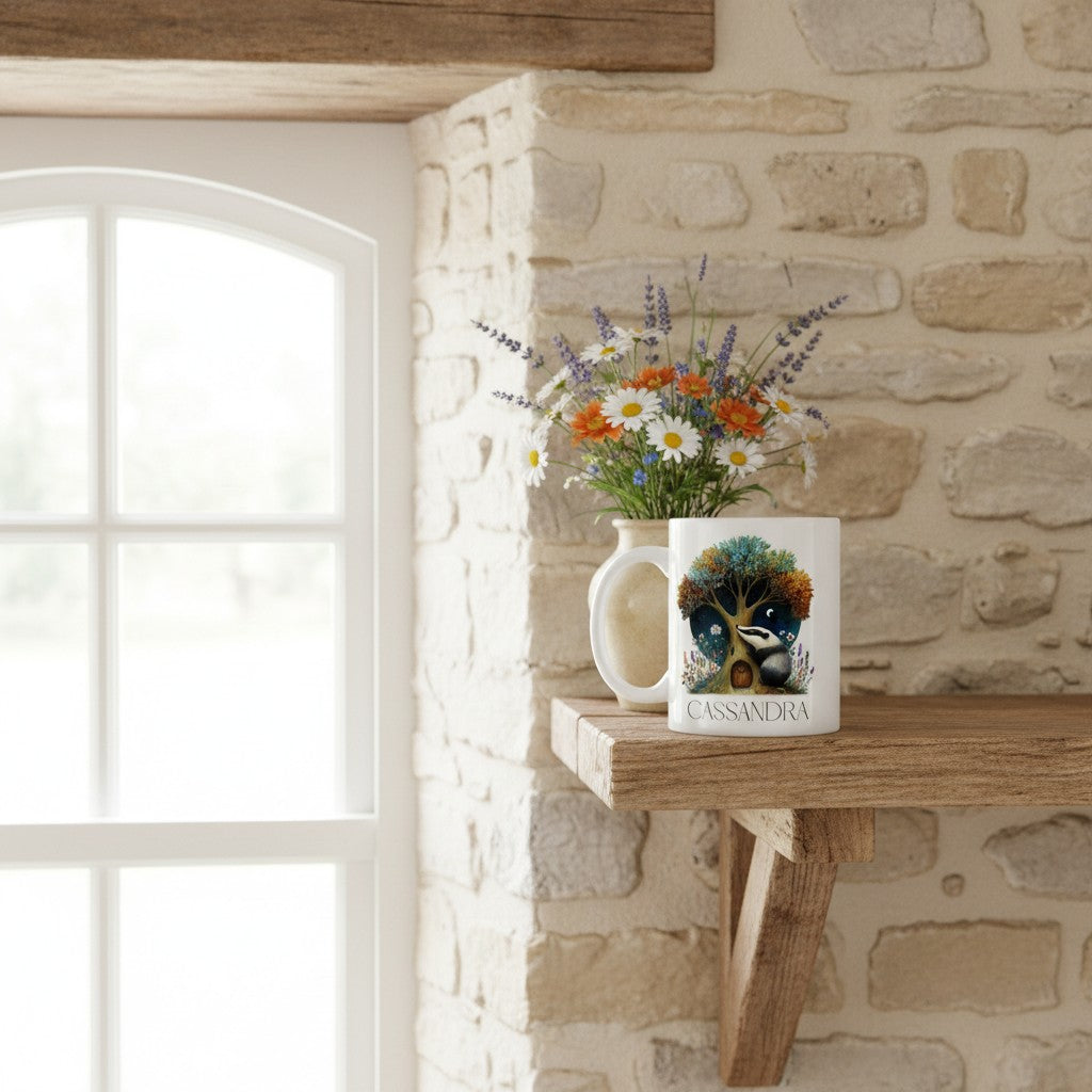 Mug with floral badger design on a wooden shelf.
