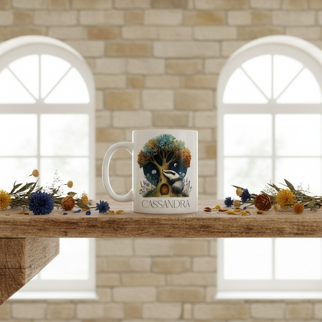 Badger mug with a design and name 'Cassandra' on a wooden surface with decorative flowers, against a stone wall.