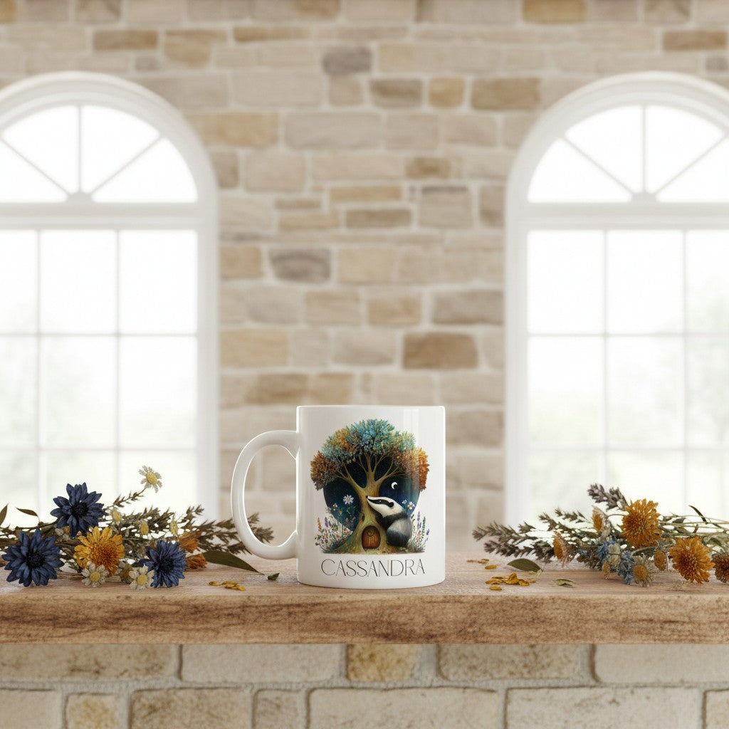 Mug with a design of a tree and a badger on a wood surface with flowers and windows in the background