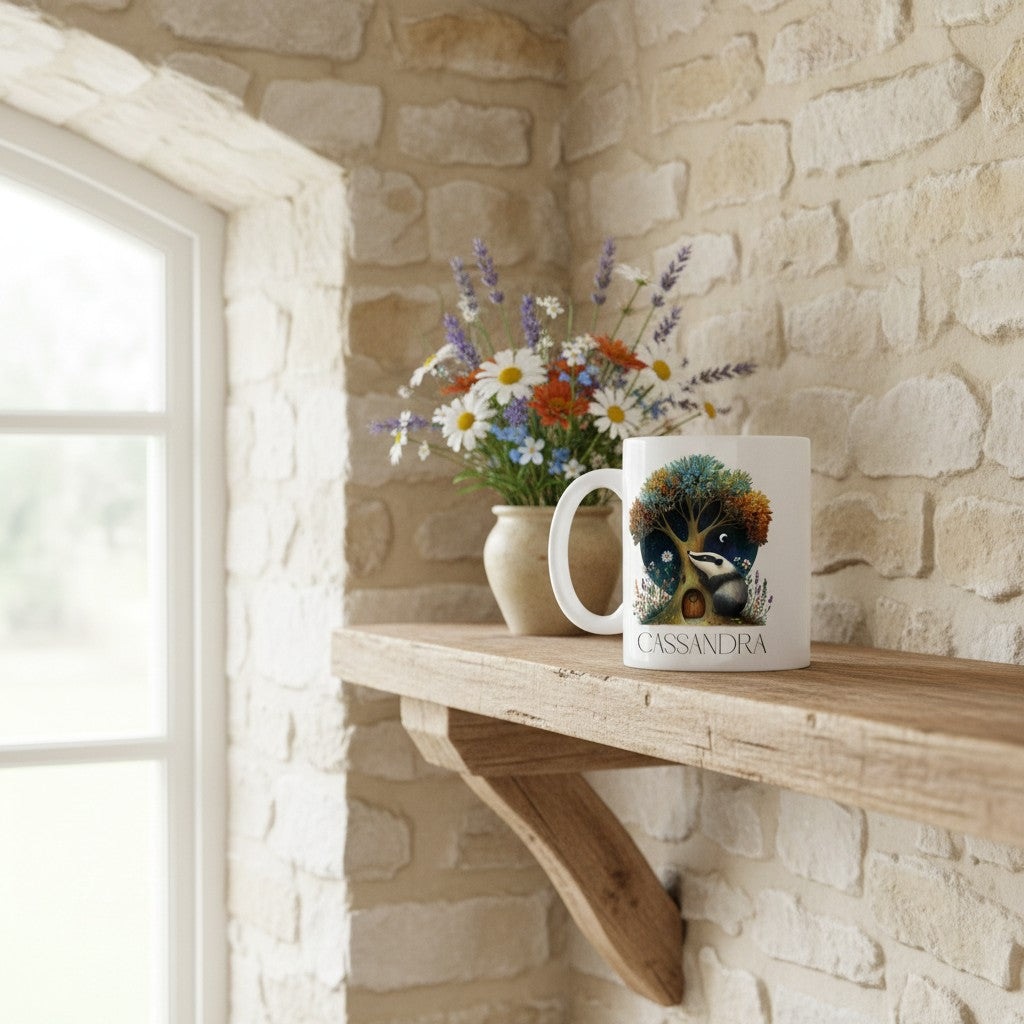 Mug with a badger design on a wooden shelf against a stone wall