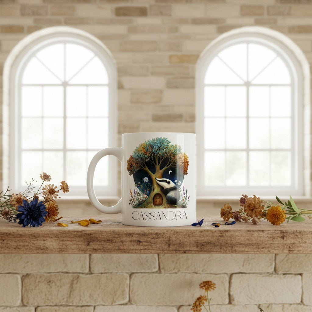 White mug with a design of a badger and tree on a wooden surface with flowers, against a brick wall background.