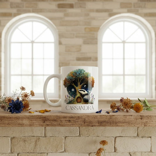 White mug with a design of a badger and tree on a wooden surface with flowers, against a brick wall background.