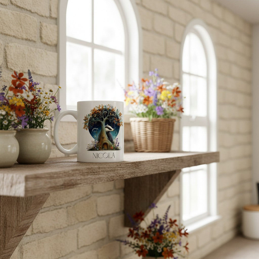 Mug with a design on a stone shelf with flowers and a basket