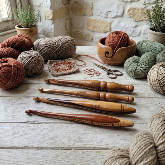 Four crochet hooks arranged on a light wood table with balls of yarn, a small crochet swatch, scissors, and a wooden yarn cup. The scene is styled with potted plants and a stone wall in the background.