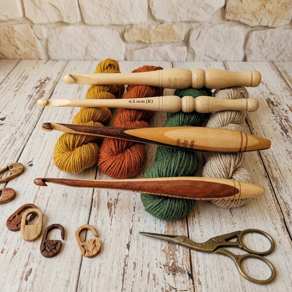 A set of wooden crochet hooks and yarn skeins arranged on a whitewashed wooden surface with a stone wall backdrop. The set includes multiple sizes of wooden crochet hooks, several yarn skeins in mustard yellow, rust orange, sage green, and cream, two wooden stitch markers, and a pair of antique-style metal scissors.