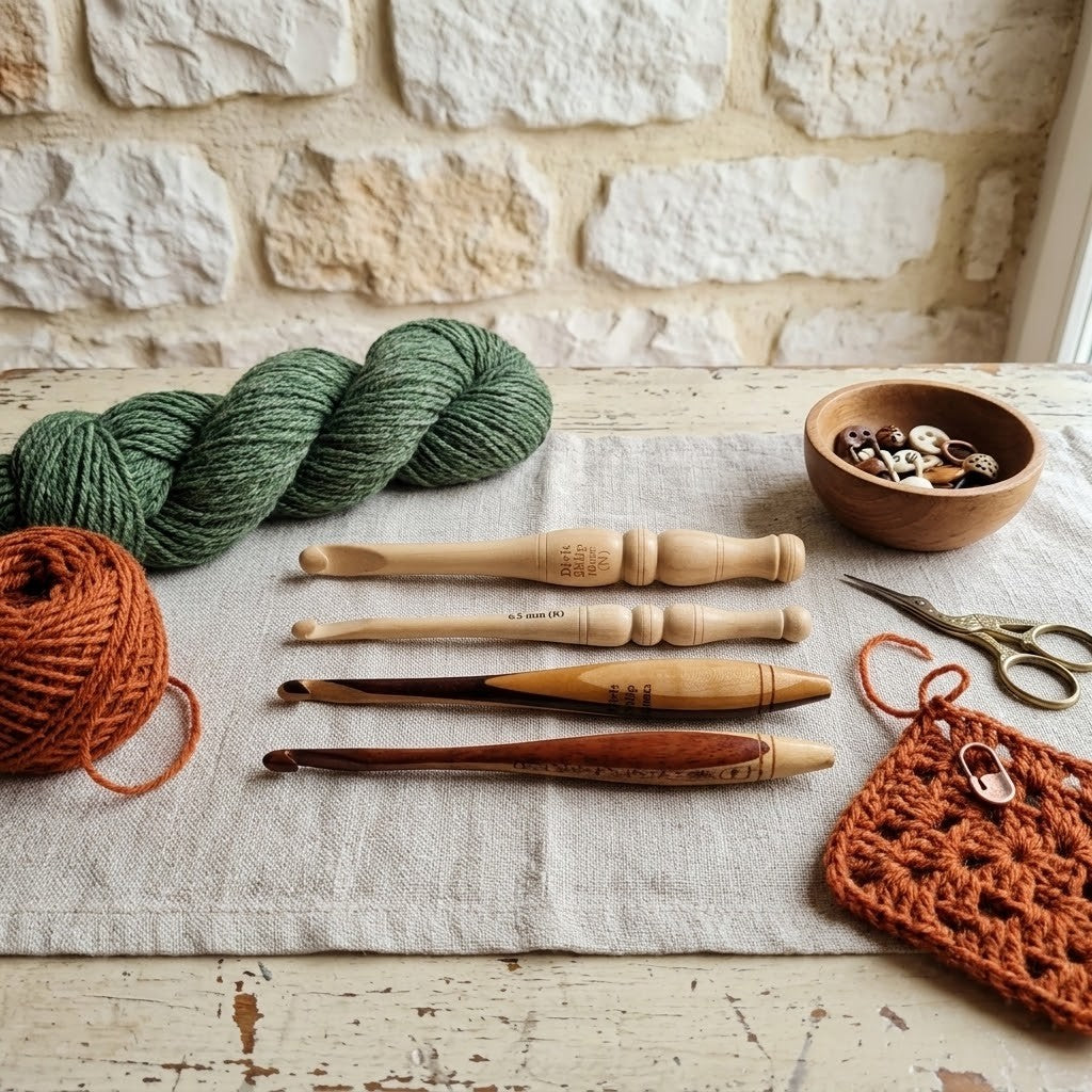 A styled flat-lay of crochet tools on a linen runner, including wooden and dark wood crochet hooks, a skein of green yarn, a ball of rust-orange yarn, a small wooden bowl with buttons, scissors, and a crocheted swatch, set against a rustic stone wall background.