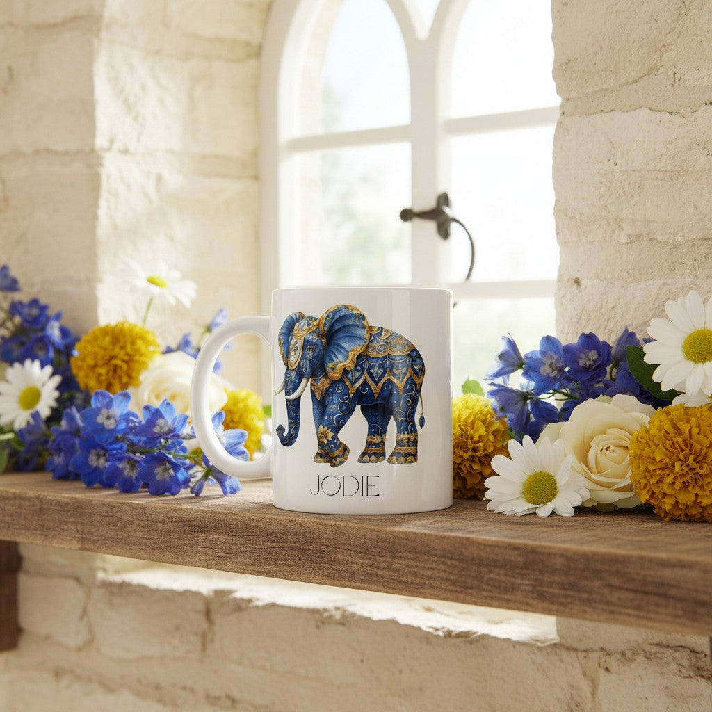 Mug with elephant design on a wooden shelf with flowers