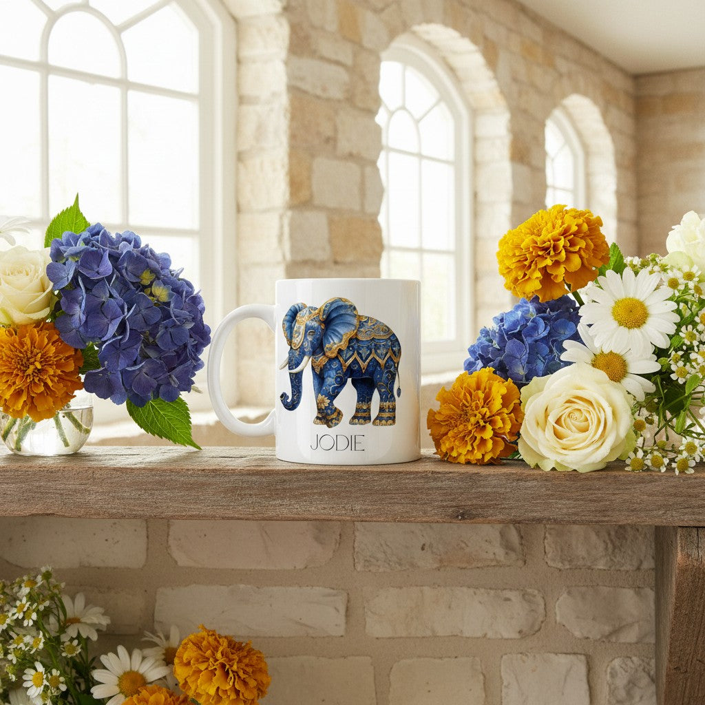 Decorative mug with an elephant design on a wooden surface with flowers