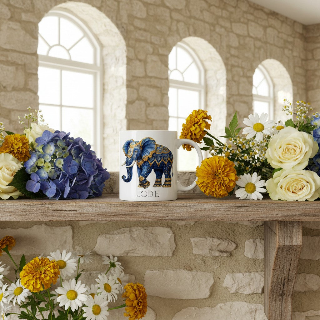Mug with elephant design on a stone shelf with flowers