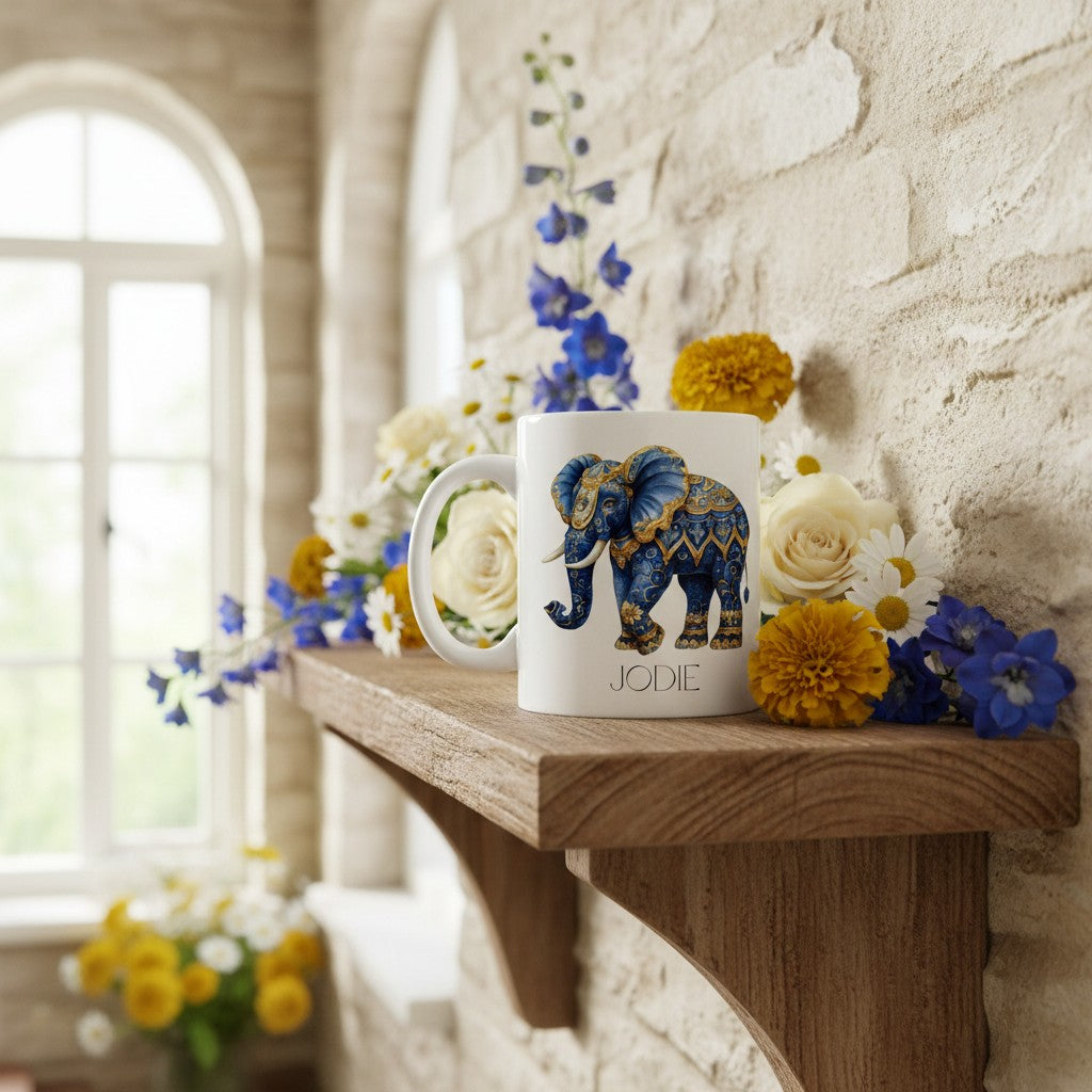 Decorative mug with an elephant design on a wooden shelf with flowers