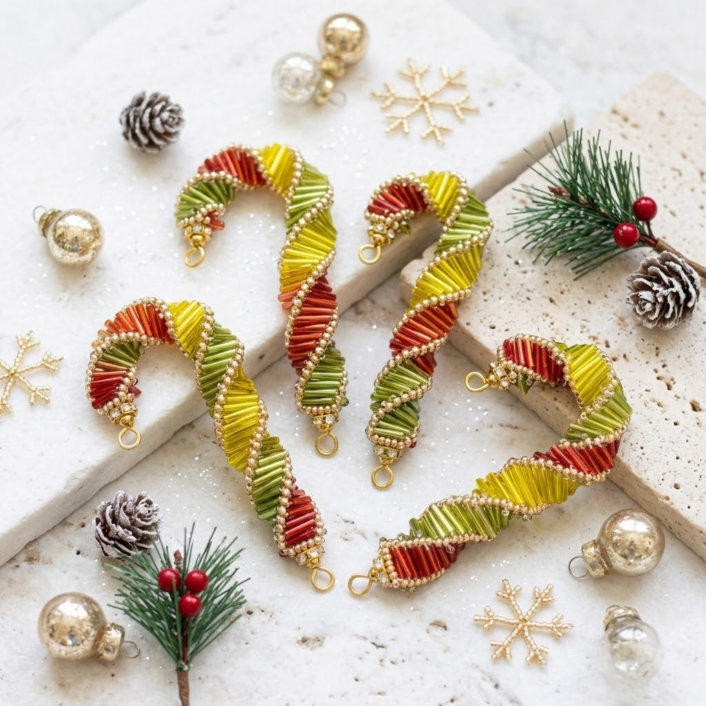 Three handmade Christmas candy cane ornaments with gold-tone loops, decorated with green, yellow, and red wrapped paper and small white beads, arranged on a light stone surface with holiday decorations.