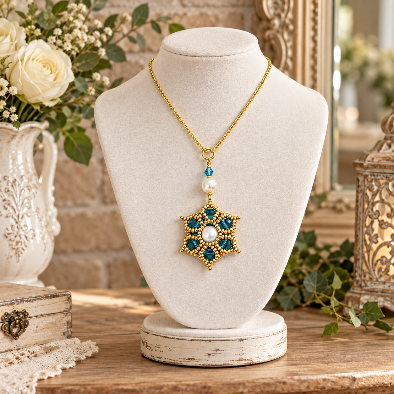 A gold-tone necklace with a starburst pendant featuring teal blue stones and white pearl accents, displayed on a cream-coloured jewellery bust. The bust is set on a rustic wooden table with a vintage white pitcher, white roses, and a mirror in the background.