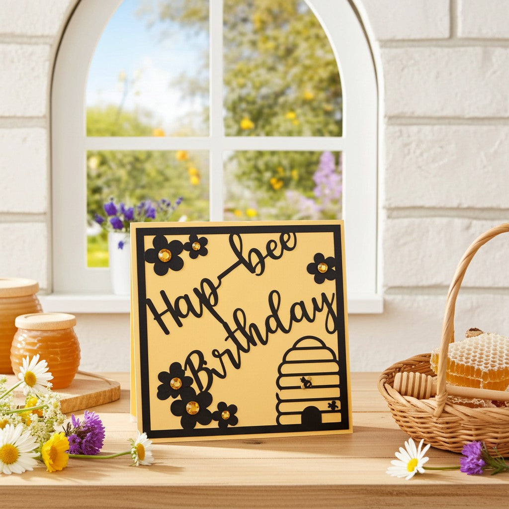 A square yellow greeting card with black text reading 'Hap-bee Birthday' and black floral/bee illustrations, standing on a wooden table in a styled room scene with flowers, honey pots, and a basket nearby.
