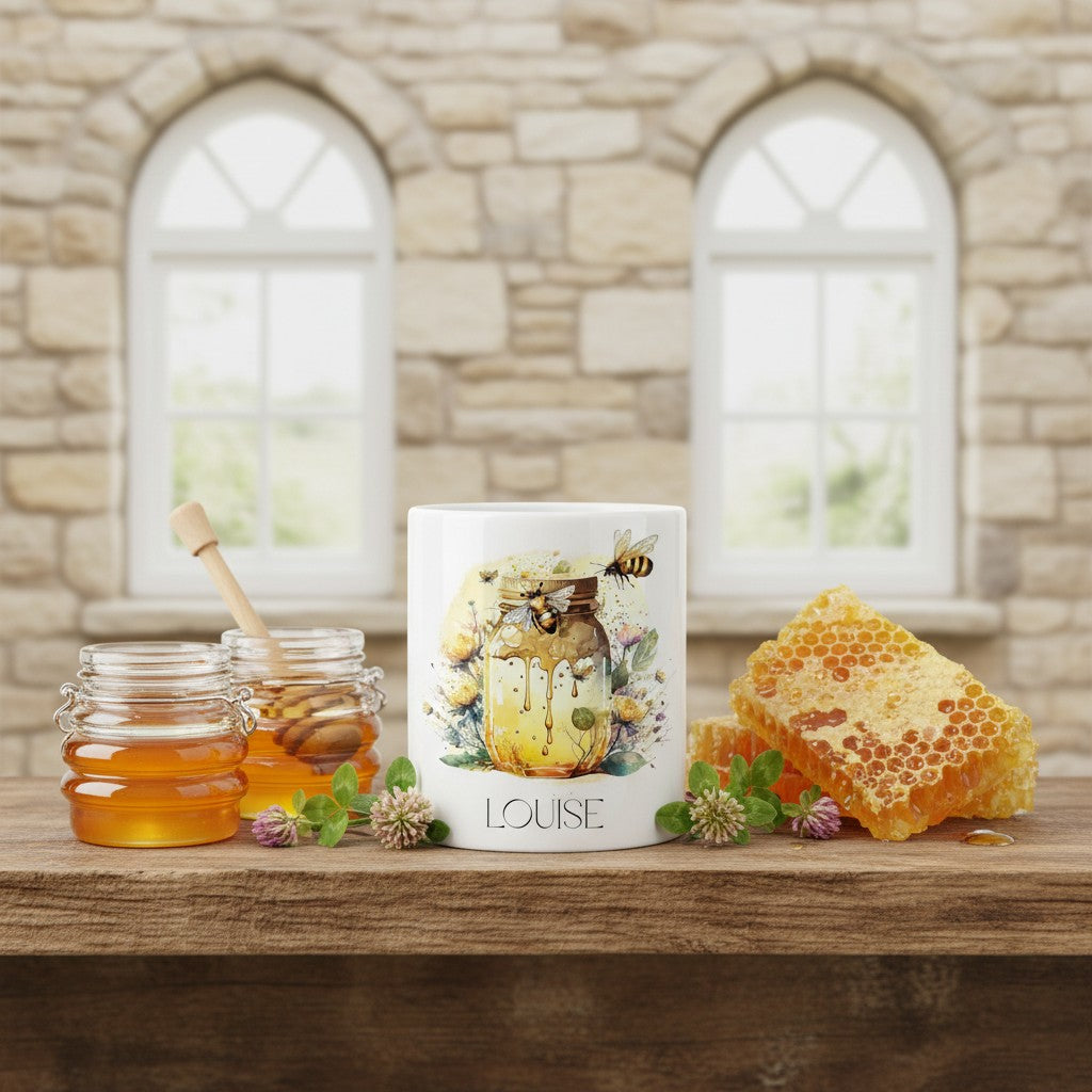 Bee mug with honey and honeycomb on a wooden surface with stone wall background