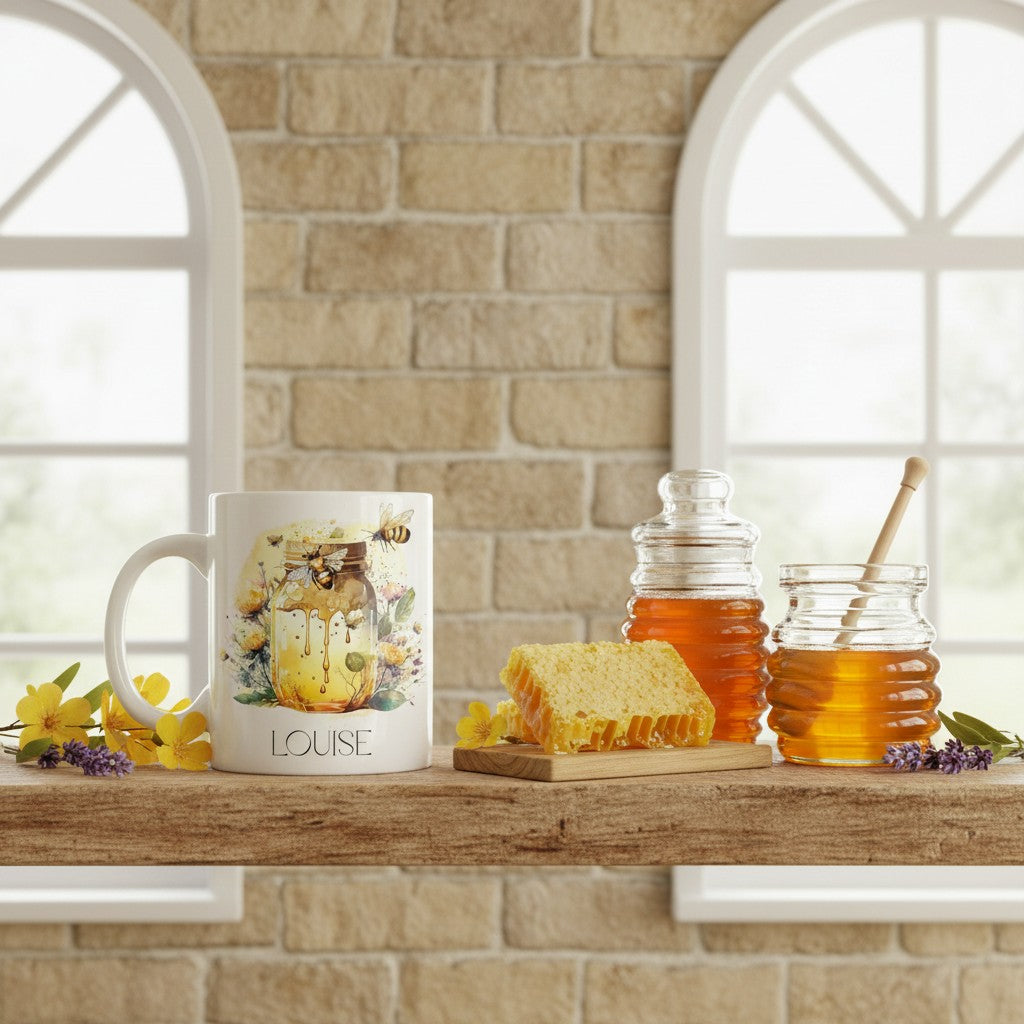 Mug with honey and bee design and text 'LOUISE' on a wooden surface with honey jars and flowers.