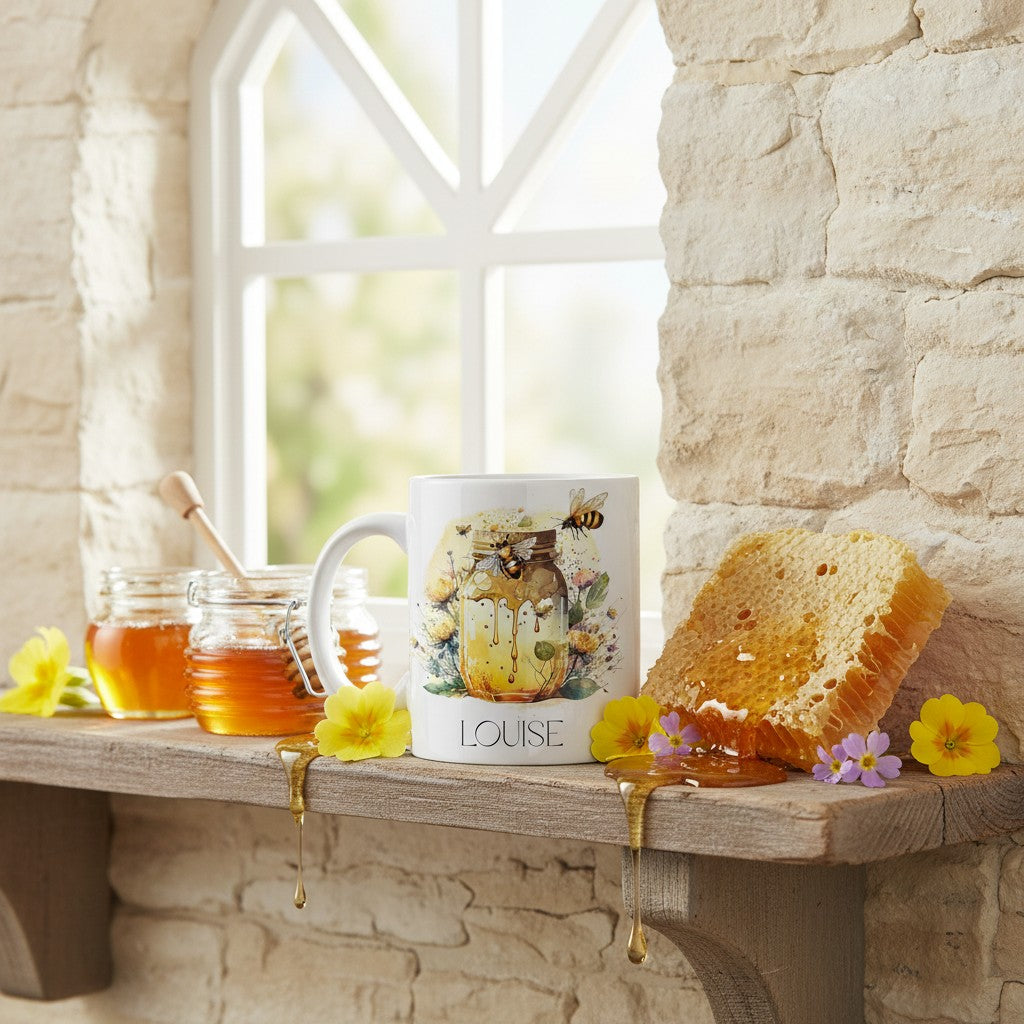 Bee mug with honey andflowers on a stone surface near a window