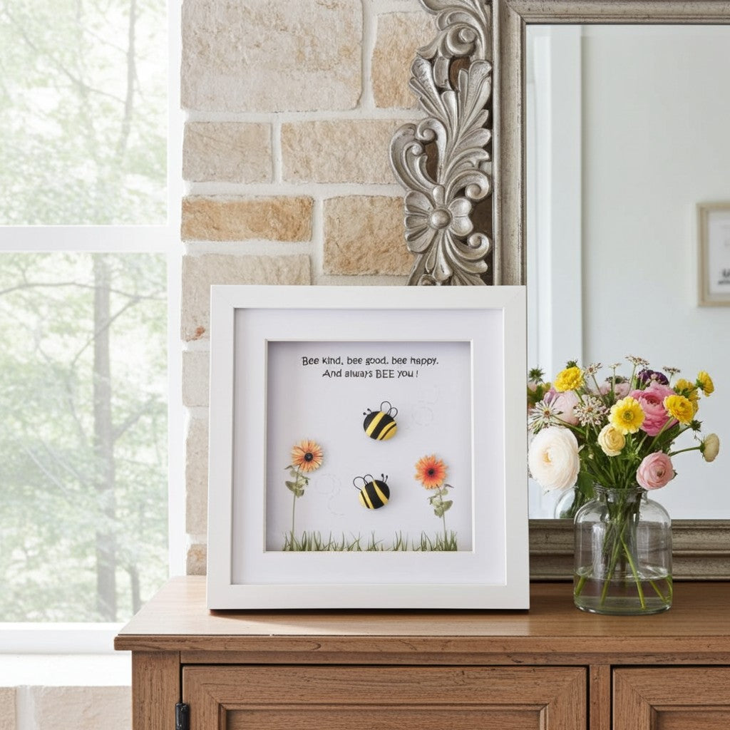 A white framed pebble art print featuring three bees and flowers with the quote 'Bee kind, bee good, bee happier, And share BEE you!' displayed on a wooden cabinet next to a mirror and a vase of flowers.