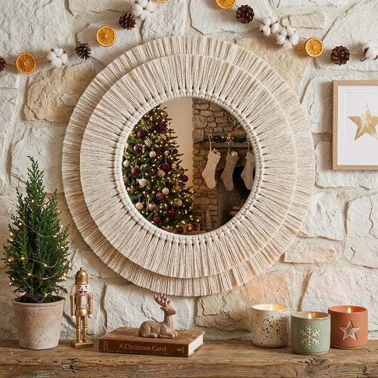 A large round decorative macrame wall mirror with a textured, fringed sunburst frame in a warm cream tone, styled on a rustic stone wall above a wooden mantel decorated with a small tree, a nutcracker, a book, and candles. The mirror reflects a cosy Christmas fireplace scene.