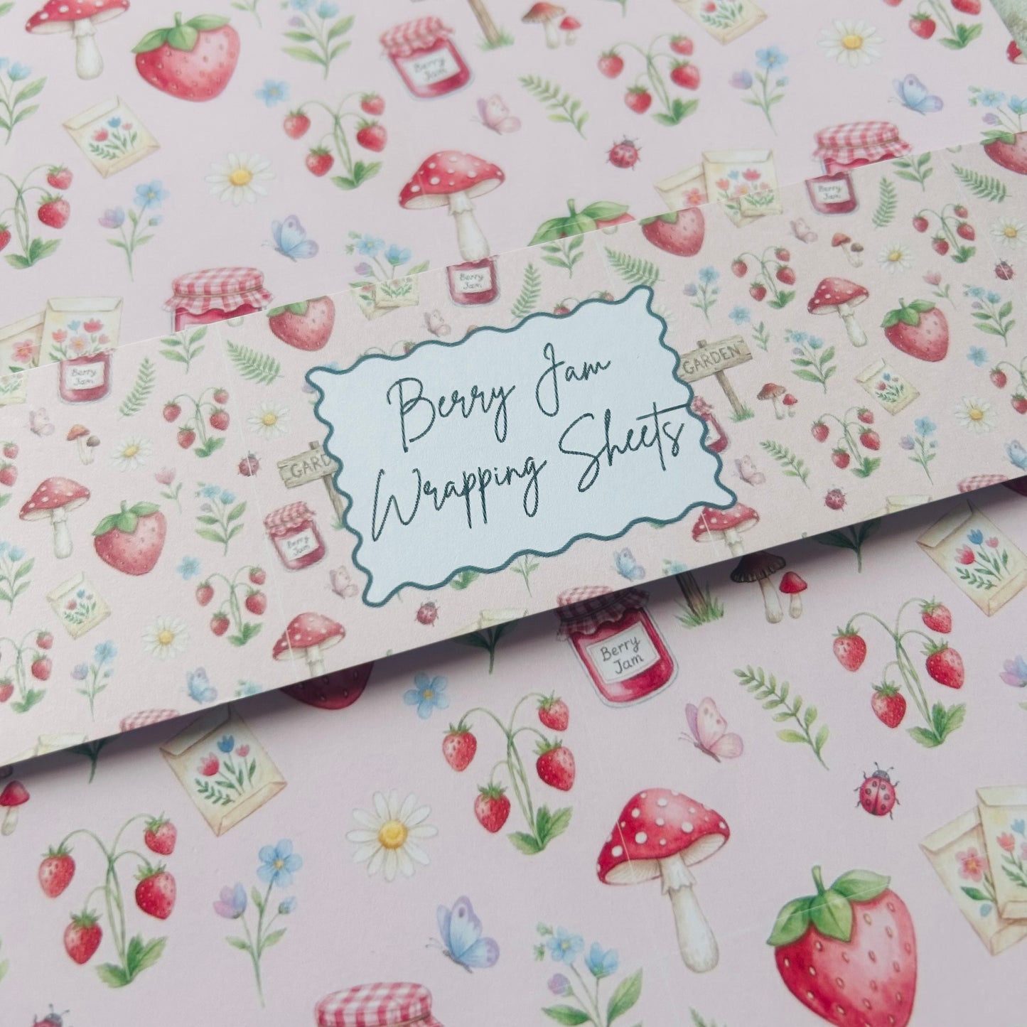 Berry jam wrapping sheets with strawberry, mushroom, and flower pattern