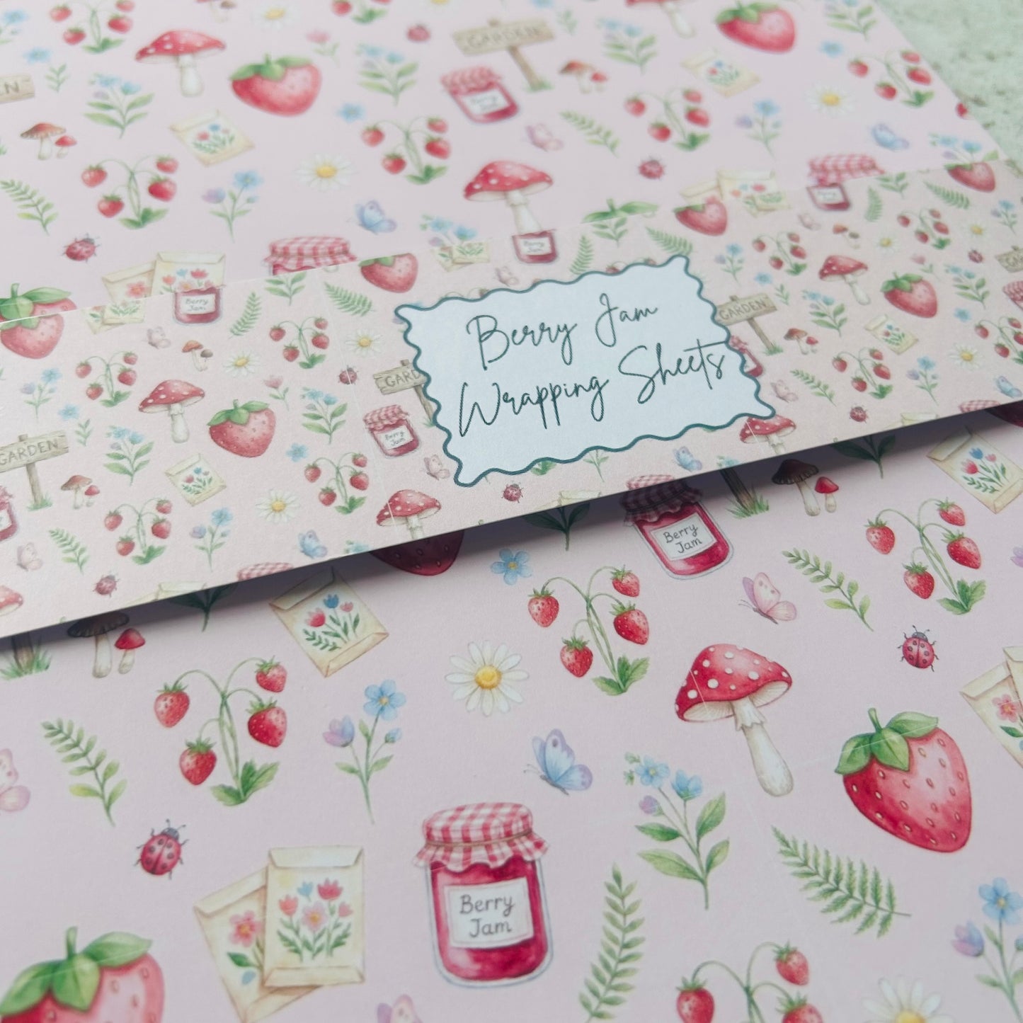 Berry Jam Wrapping Sheets with strawberry, mushroom, and jar designs on a white background.