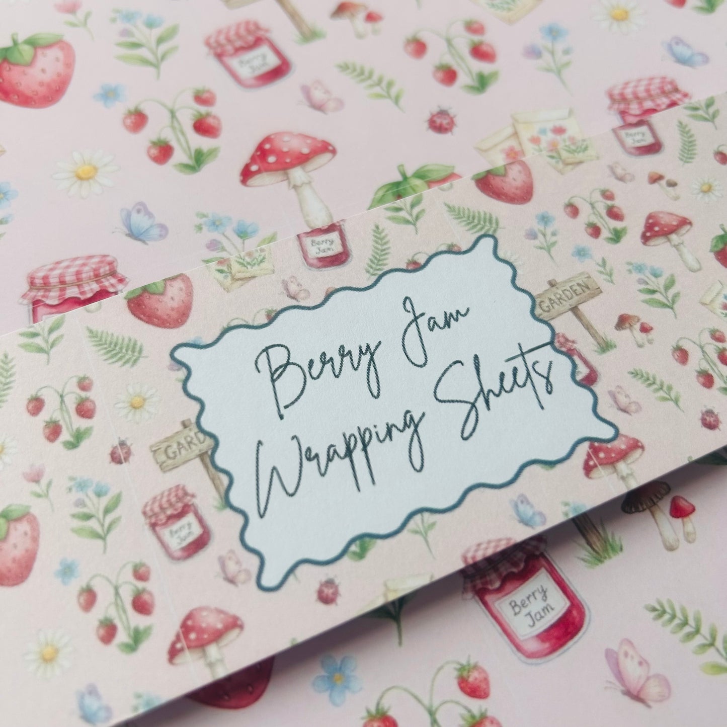 Berry jam wrapping sheets with strawberry and mushroom design