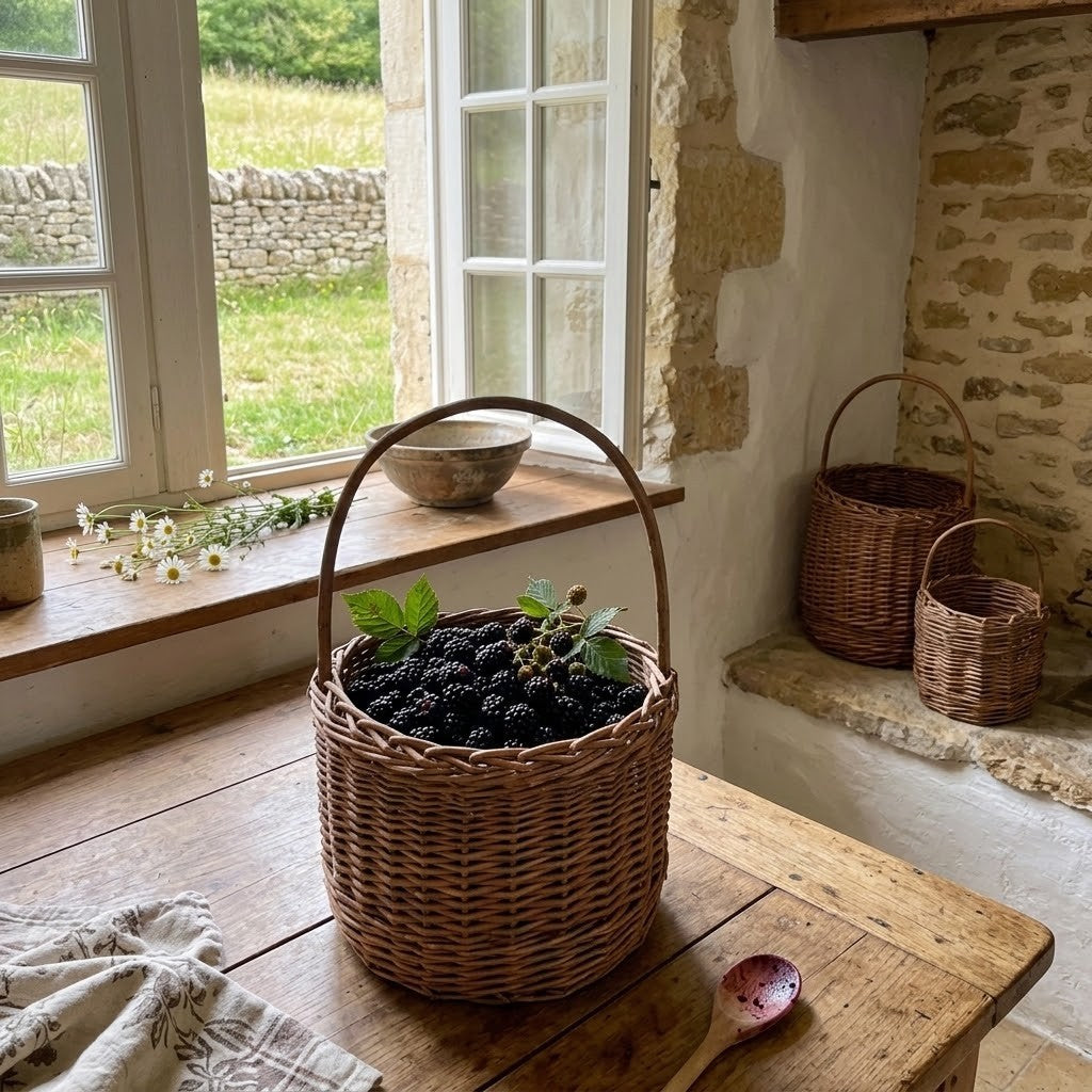 A natural woven willow basket filled with dark berries sits on a rustic wooden table in a sunlit stone room. A matching bowl and spoon rest nearby, with additional baskets and a window in the background.