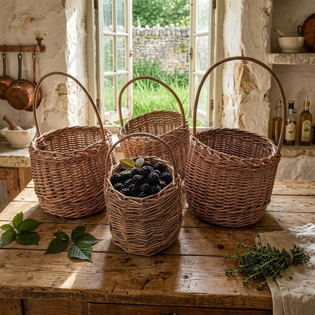 Three woven wicker baskets with arched handles are arranged on a rustic wooden table in a sunlit kitchen setting. The baskets are shown empty, with one small basket in front holding blackberries.